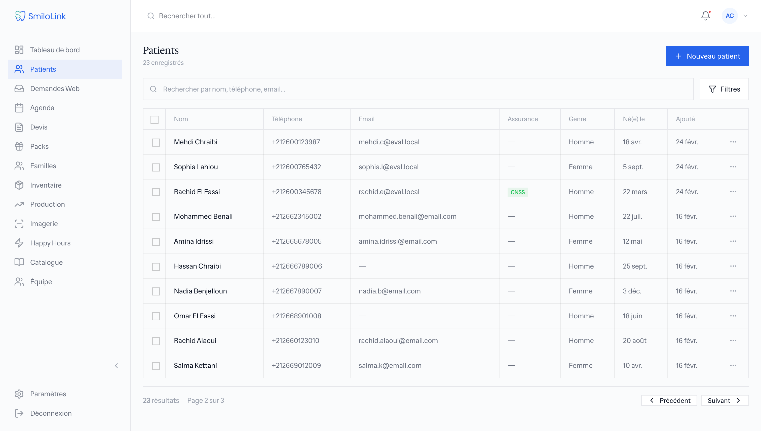 Aperçu de la page patients